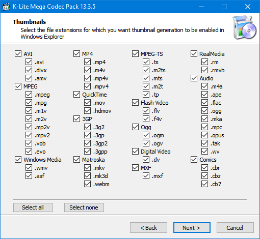 Diagram summarizing video, audio, and player coverage for K-Lite Codec Pack